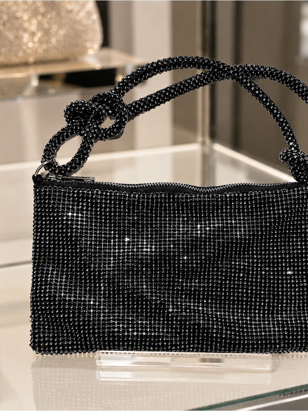 Vintage Handmade Beaded Evening Bag 1990s, Black Crystal Mesh, Zipper Closure